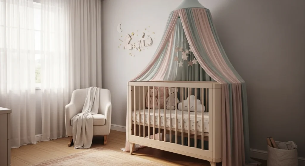 Nursery crib with soft canopy fabric, cozy dreamy 2026 baby room