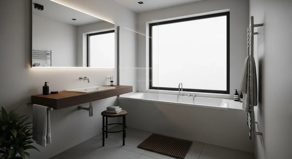 Small bathroom with freestanding compact bathtub, minimalist modern 2026 interior