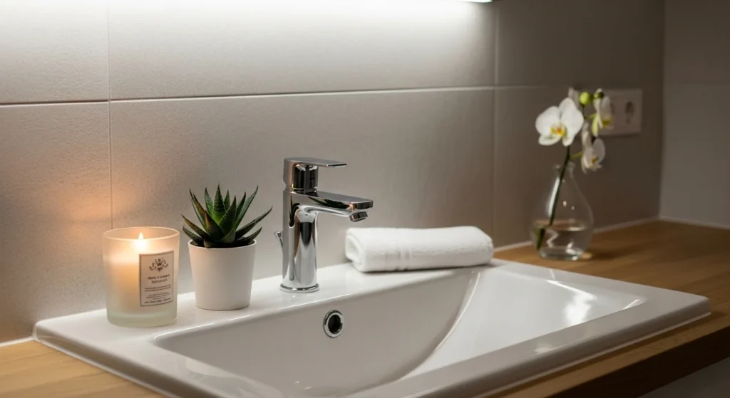 Bathroom sink styled with scented candle creating relaxing spa-inspired vibe