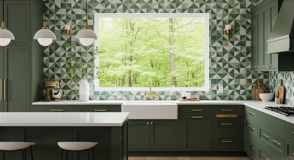 Stylish green kitchen featuring patterned backsplash tiles for visual interest