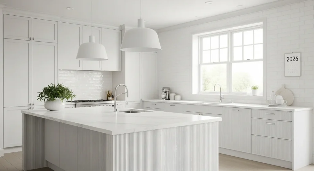 Bright white modern kitchen with textured finishes and sleek contemporary design 2026