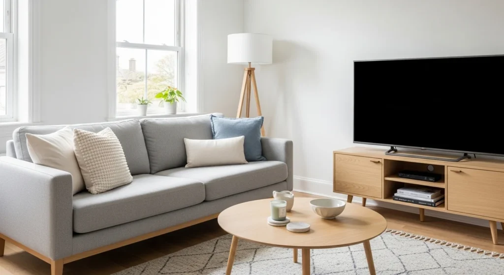 Minimal Scandinavian living room with wall-mounted TV unit and clean layout
