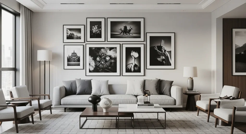 : Combination of fabric, wood, and canvas art pieces styled together on a living room wall