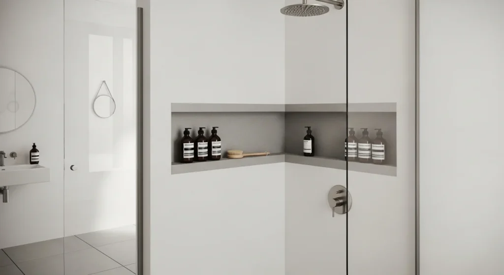 spa-inspired bathroom organization with rolled towels and trays