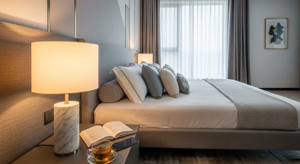 Soft glowing paper lantern lamp creating calm zen bedroom atmosphere