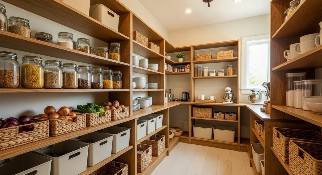 Walk-in pantry featuring natural wood shelving and warm neutral tones
