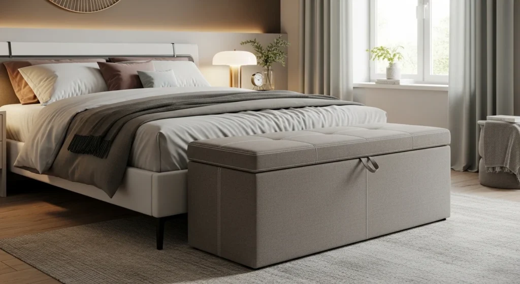 Bedroom with storage ottoman providing seating and hidden storage functionality