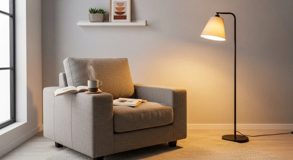 Comfortable reading corner in living room with armchair, floor lamp, and soft rug, perfect for 2026 interiors