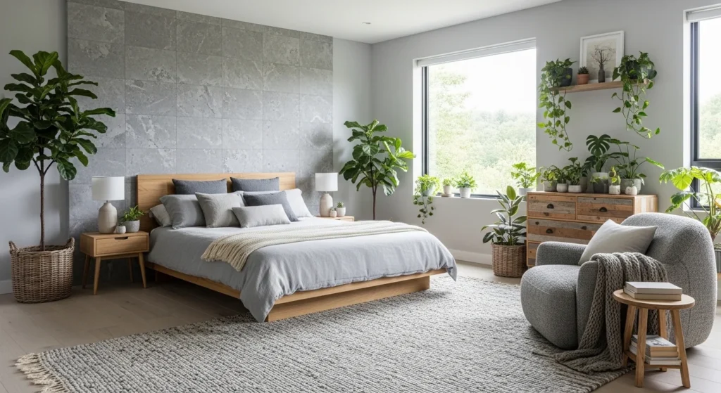 Grey bedroom featuring plants and natural textures for a calm eco-friendly 2026 interior