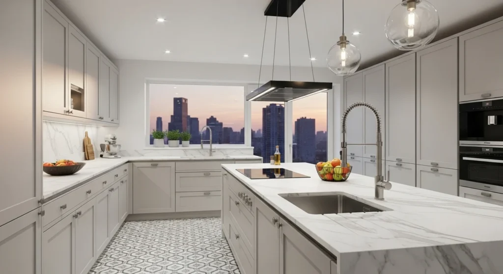 Modern kitchen with patterned tile flooring, neutral cabinets, marble countertops, and stylish lighting for 2026 design
