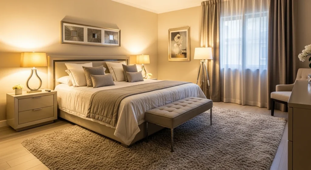 Master bedroom with large plush area rug under bed to enhance comfort and define space