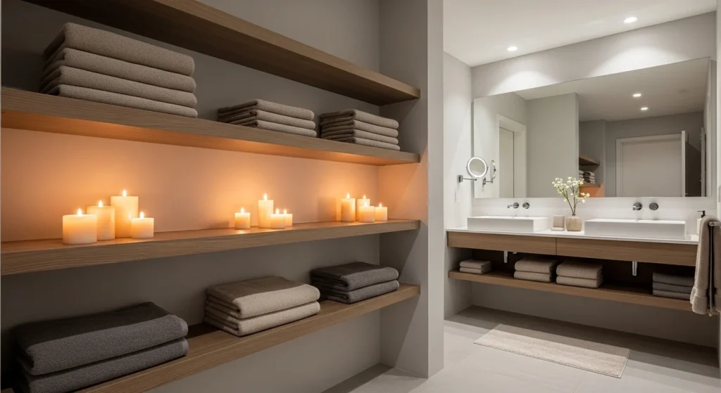 modern bathroom with open shelves styled using towels and decorative accessories