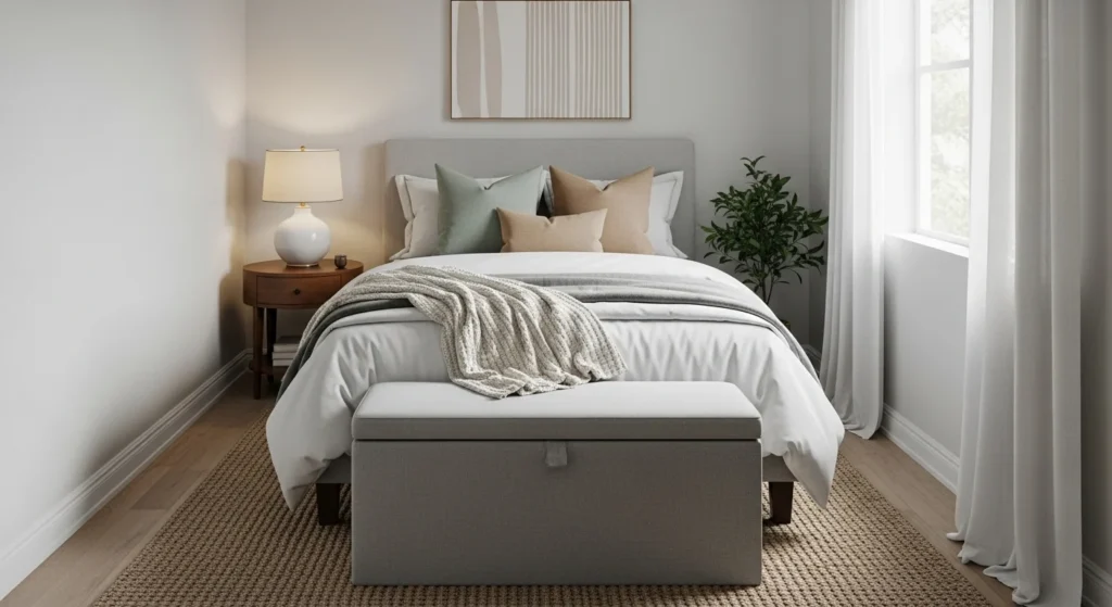 compact bedroom with upholstered storage bench providing seating and hidden storage
