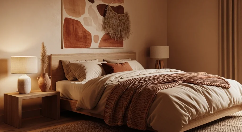 Neutral bedroom featuring earthy tones like sand and taupe for a natural calming look.