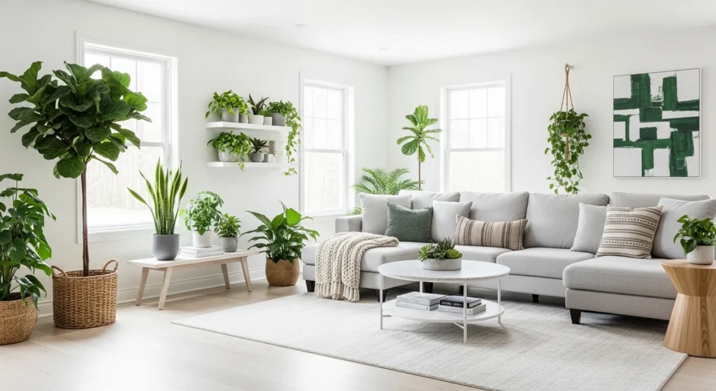 Bright white living room enhanced with green indoor plants for natural contrast