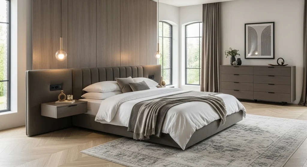 Bold statement bed acting as the centerpiece of a modern 2026 bedroom design