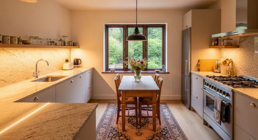 Cozy kitchen featuring natural stone countertops and warm modern styling