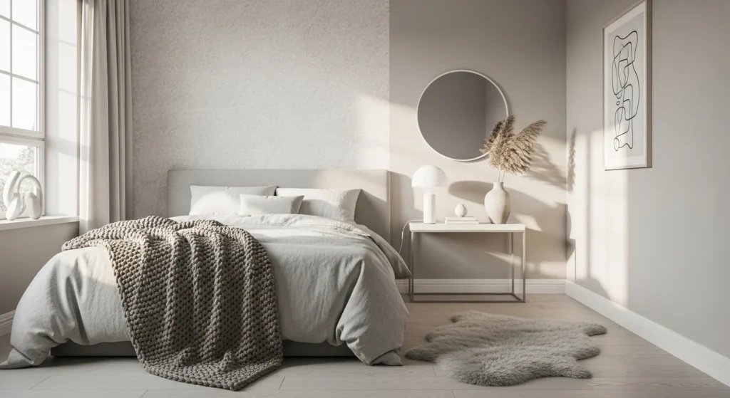 girls bedroom styled in soft monochrome tones with modern minimalist decor