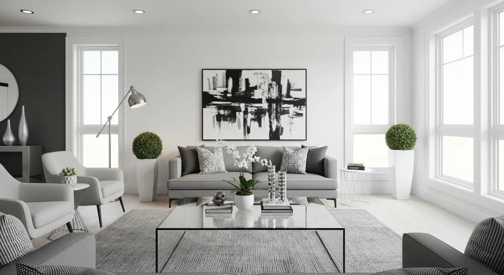 Elegant gray living room featuring glass furniture for an airy look.