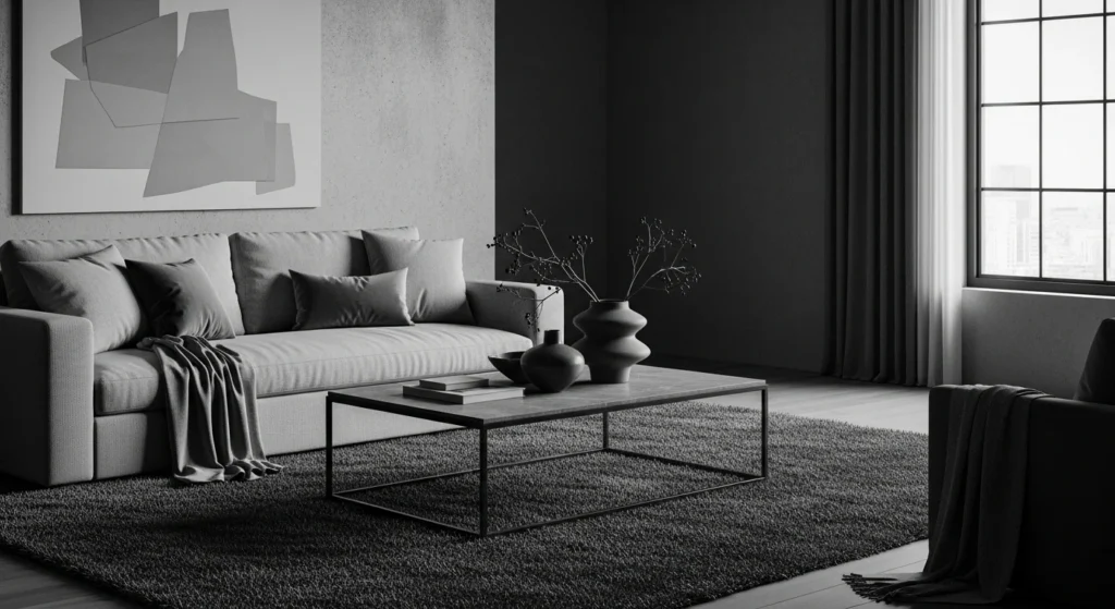 Monochrome apartment living room in grey shades with modern cohesive styling