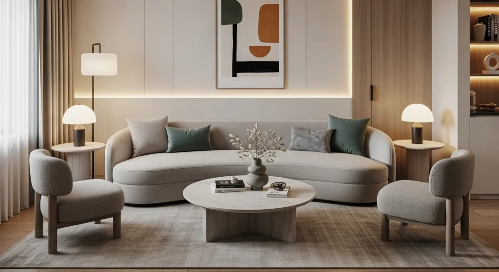 Small living room featuring curved furniture shapes for a soft modern look