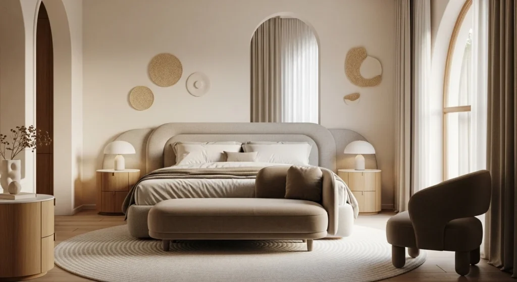 Guest bedroom with curved furniture and soft neutral modern decor