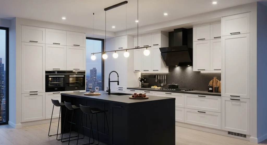 Contemporary kitchen featuring white cabinets with bold dark contrasting accents.