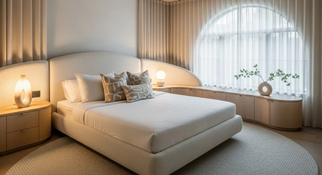 Modern cozy bedroom featuring rounded furniture shapes and soft textures