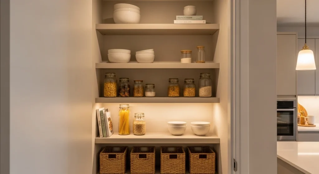 Small pantry styled in beige and neutral tones creating warm modern look
