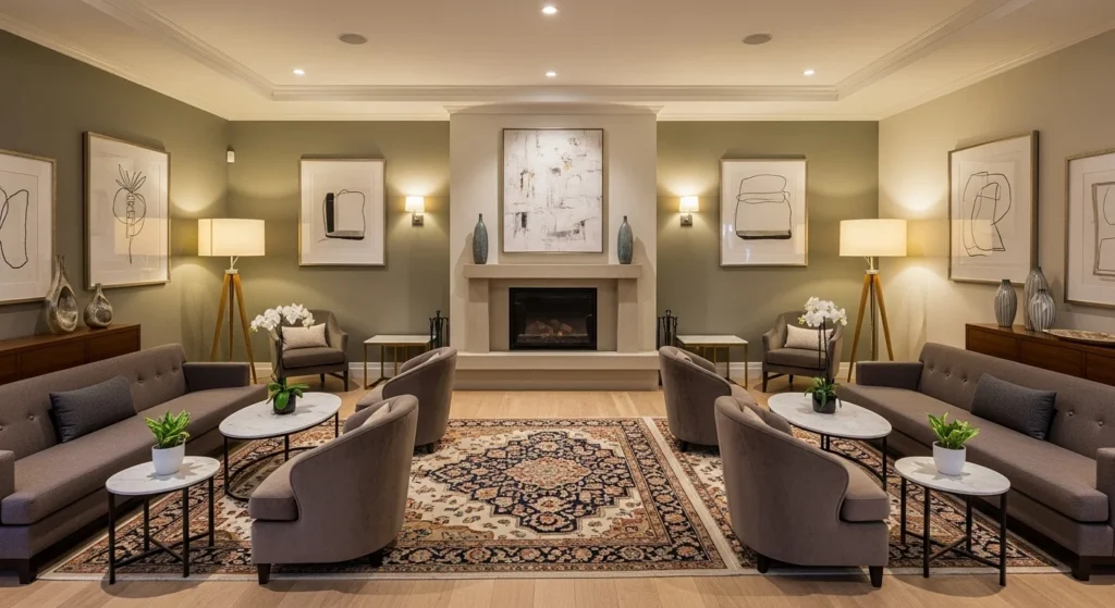 Parlor designed for social gatherings with comfortable seating and warm ambiance