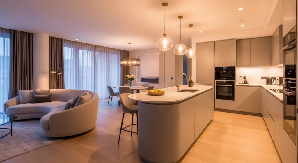 Open kitchen living room featuring curved sofa and rounded modern design elements