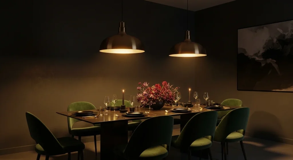 Dark-toned dining room with warm lighting creating dramatic atmosphere