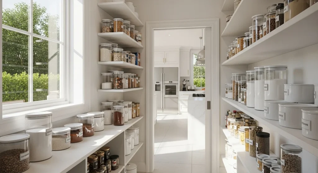 walk-in pantry filled with natural sunlight from a window