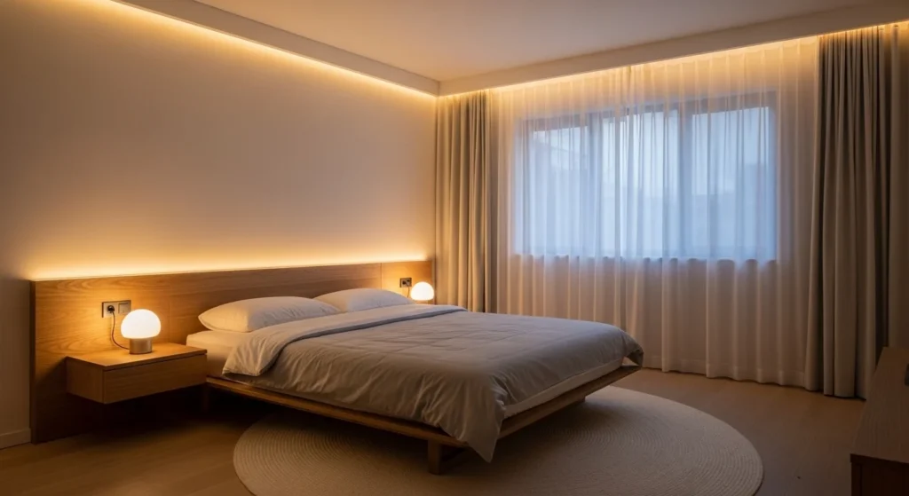 Cozy minimalist bedroom enhanced with soft ambient LED lighting