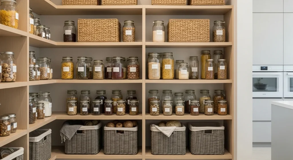 Open pantry shelves displaying neatly arranged jars and baskets.