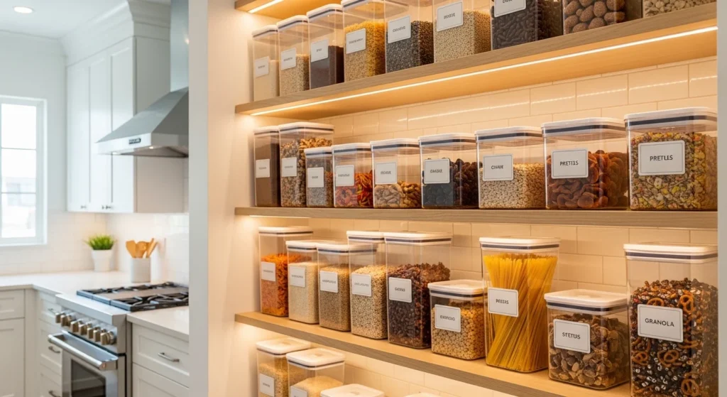 Kitchen pantry organized using transparent containers for a clean modern look
