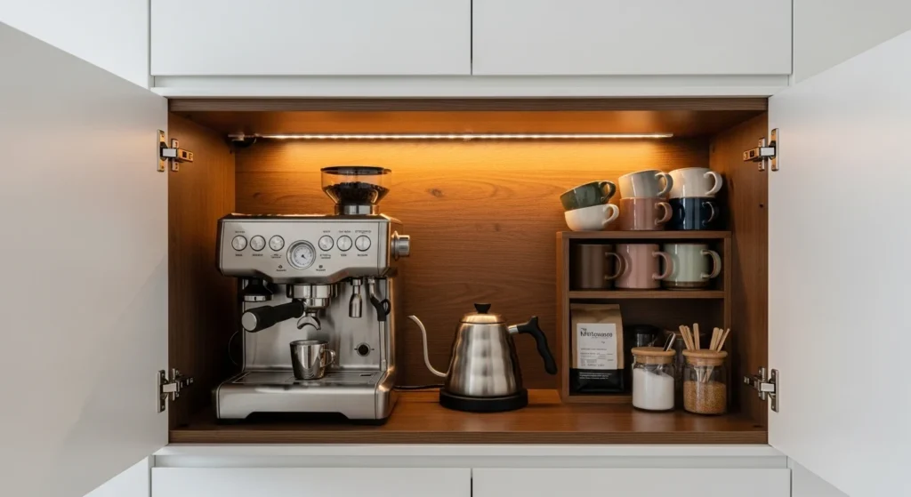 Concealed pantry coffee station with espresso machine and organized mugs inside cabinetry.