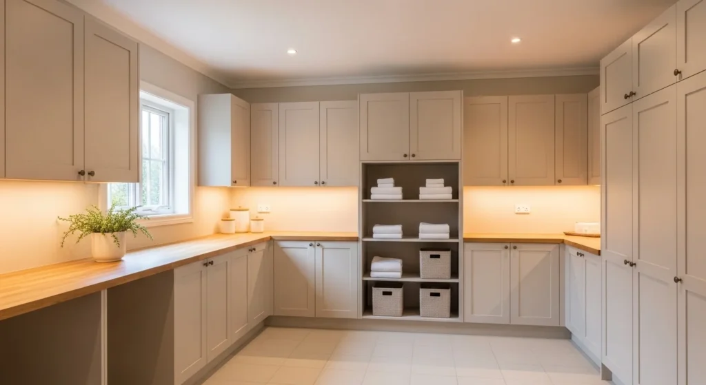 Modern laundry pantry designed with neutral beige and white color palette