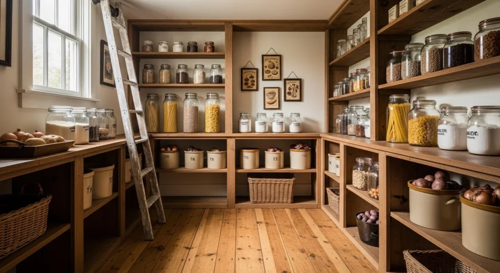 Farmhouse Pantry with Rustic Flooring