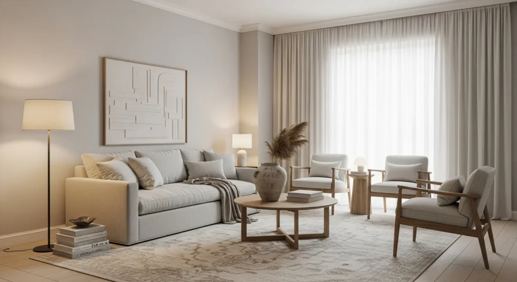 Apartment living room designed as a calm sanctuary with soft neutral tones and peaceful lightin