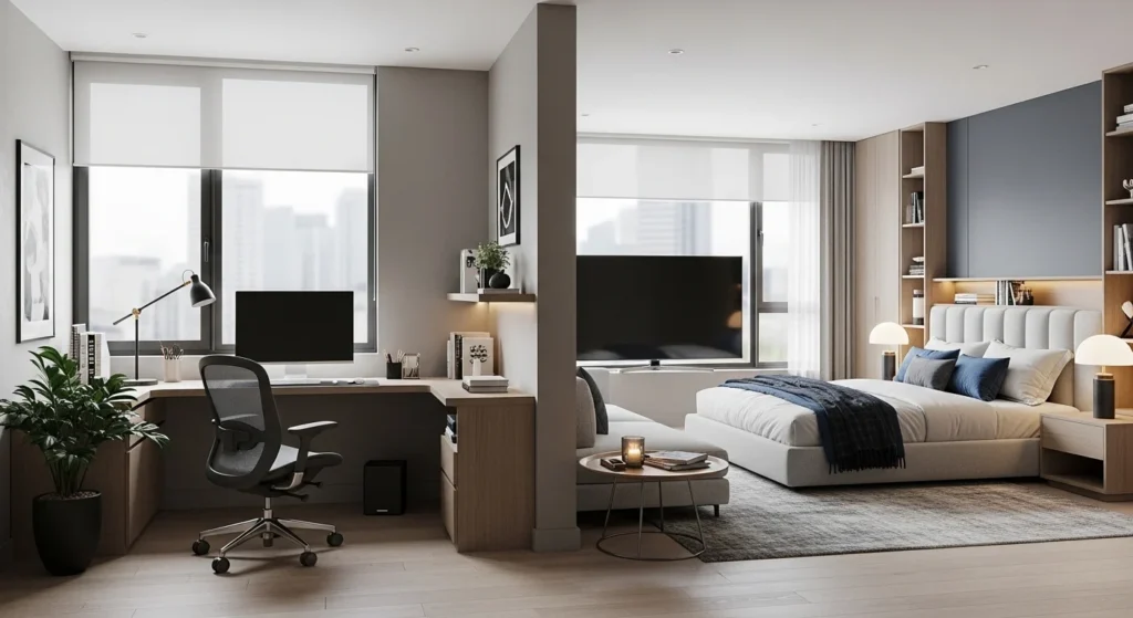 Bedroom with integrated study nook and lounge area for multifunctional use