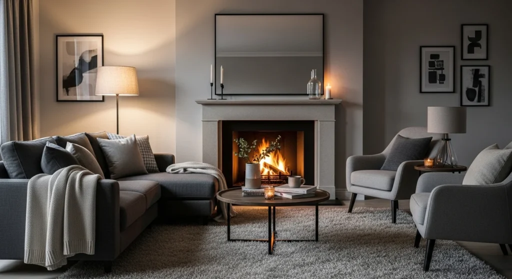 Gray living room with fireplace feature, cozy seating arrangement, and warm ambient light