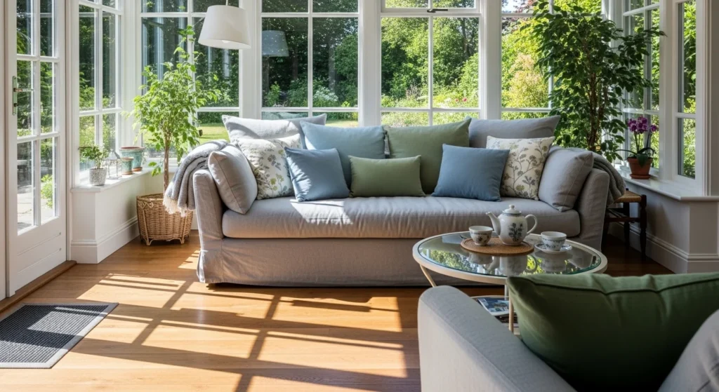 Comfortable sunroom lounge with sofa cushions and sunlight