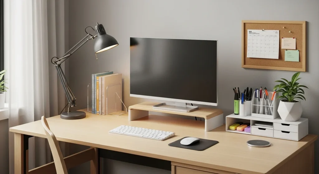 Dorm room desk with clean cable-free organization