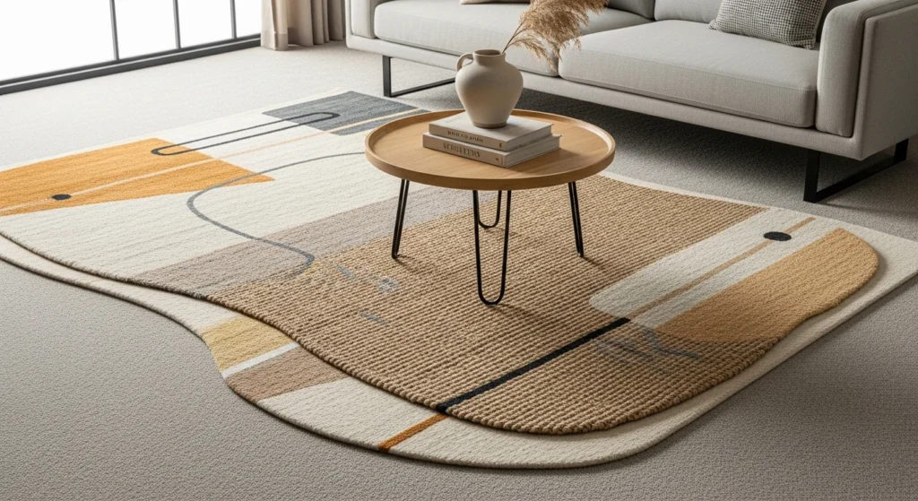 Eco-friendly rug made of natural or recycled fibers in living room
