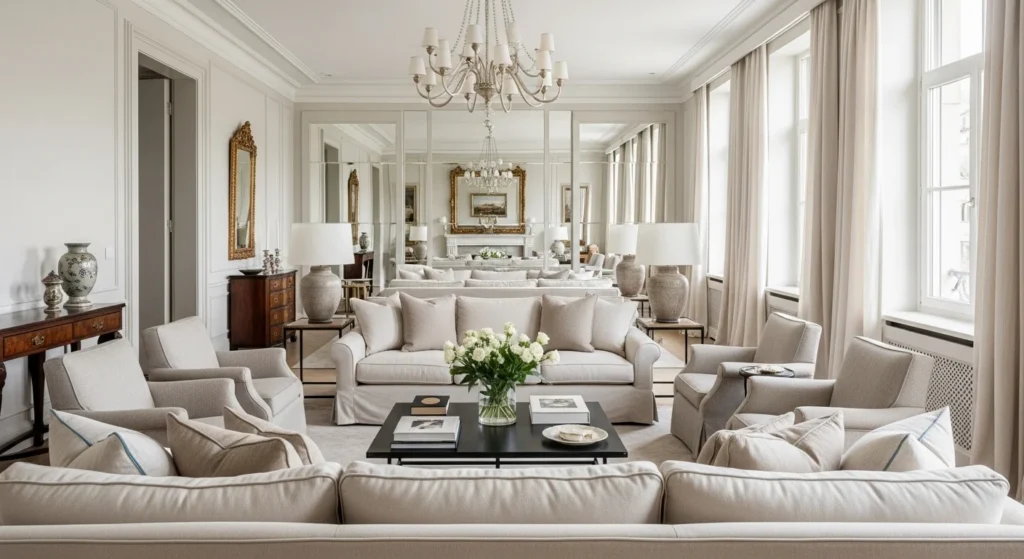Elegant living room styled with soft luxury textiles