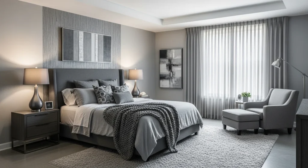 All-gray bedroom design with layered textures and timeless appeal