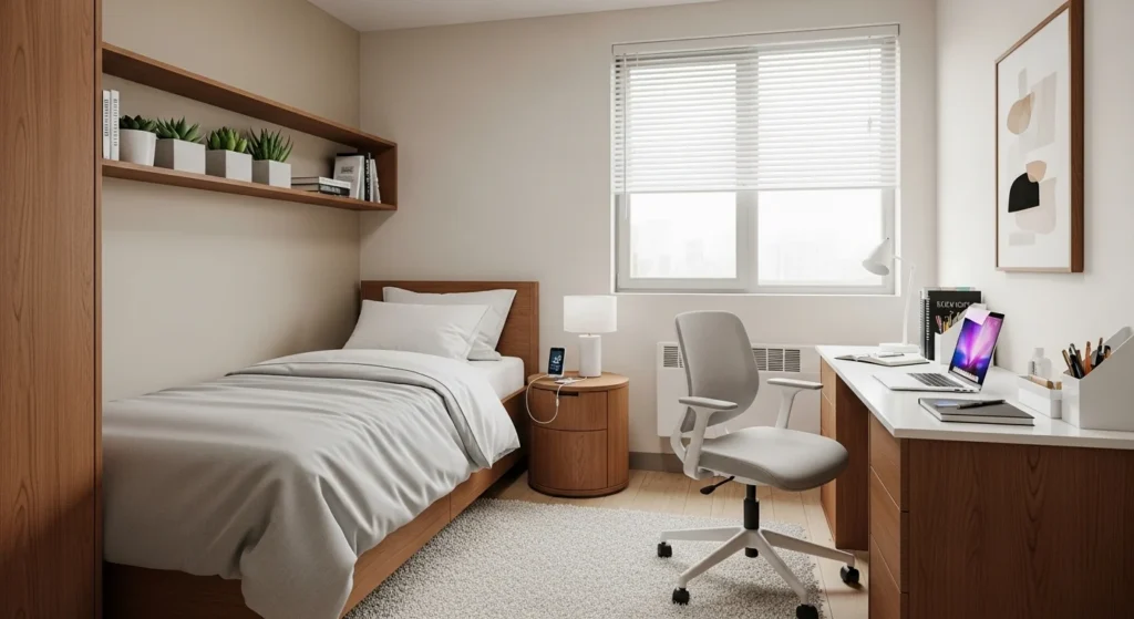 Dorm room decorated with neutral colors and natural wood accents