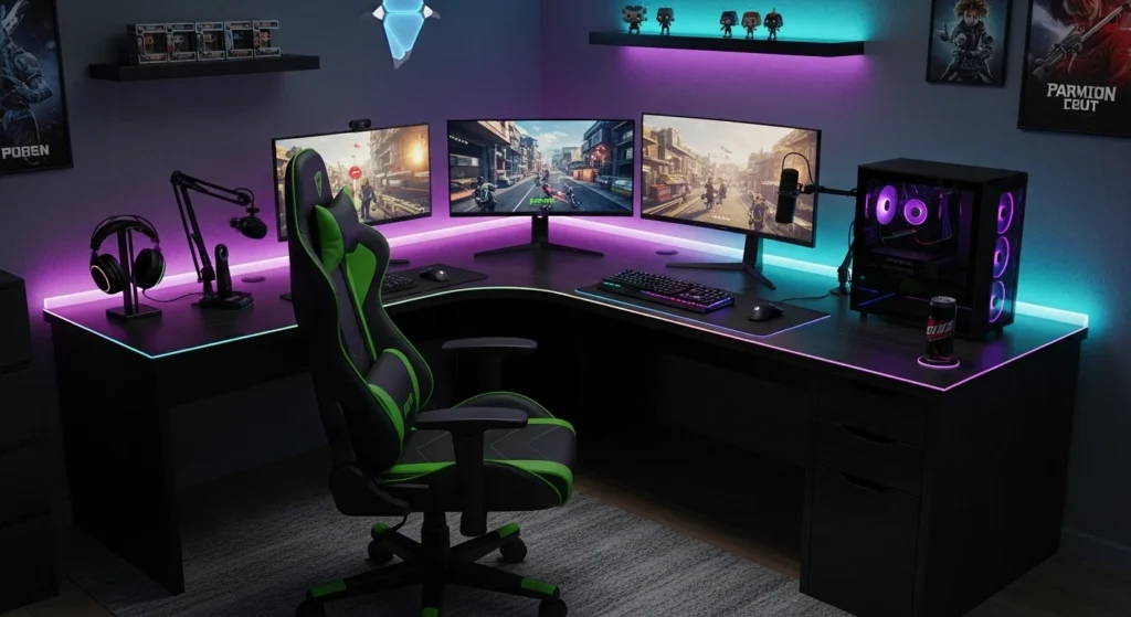 Teen bedroom with LED gaming desk and ergonomic chair