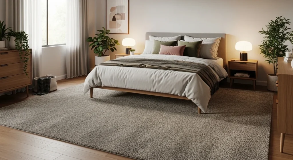 Bedroom with oversized area rug placed under bed for cozy look